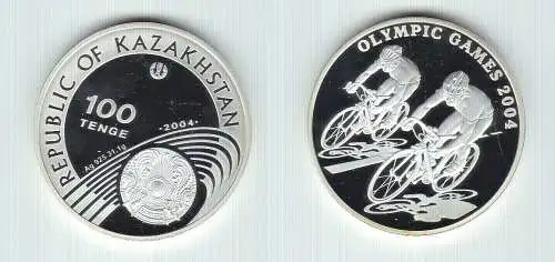 100 Tenge Silbermünze Kasachstan 2004 Olympiade Athen Radfahrer PP (143477)