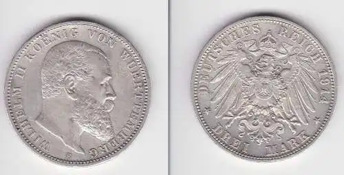 3 Mark Silber Münze Wilhelm II König von Württemberg 1914 (150333)