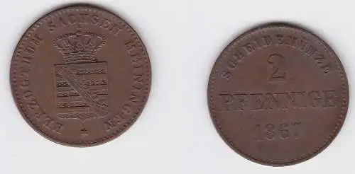 2 Pfennig Kupfer Münze Sachsen-Meiningen 1867 ss+ (150734)