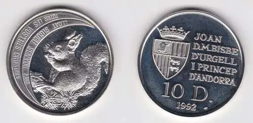 10 Diners Silber Münze Andorra 1992 Bedrohte Tierwelt Eichhörnchen (155570)