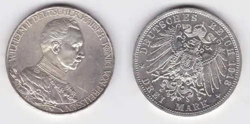 3 Mark Silbermünze Preussen Kaiser Wilhelm II in Uniform 1913 Jäger 112 (154079)