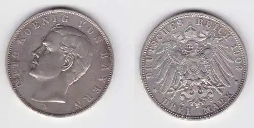 3 Mark Silber Münze Bayern König Otto 1909 D ss (155125)