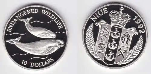 10 Dollar Silber Münze Niue 1992 bedrohte Tierwelt 2 Weisswale (151035)