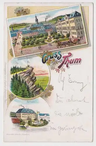 99904 Ak Lithographie Gruß aus Thum, Schulplatz, Bastei, Rathaus 1900