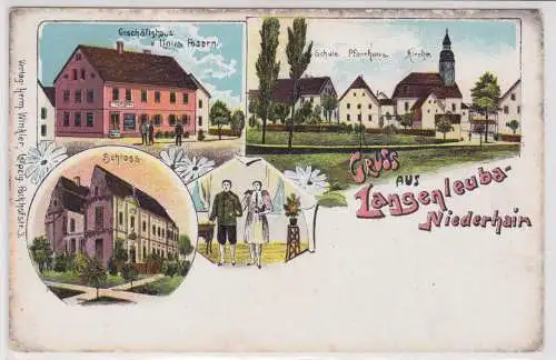 20614 Ak Lithographie Gruß aus Langenleuba Niederhain Gasthaus usw. um 1900