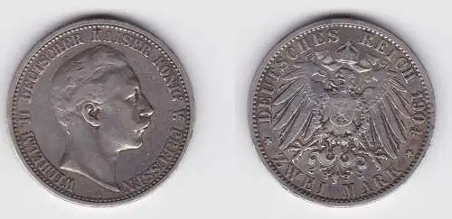 2 Mark Silbermünze Preussen Kaiser Wilhelm II 1904 Jäger 102 ss+ (150926)
