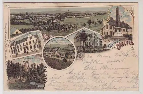 99118 Ak Lithographie Gruß aus Zöblitz Post, Schule, Siegesdenkmal usw. 1900