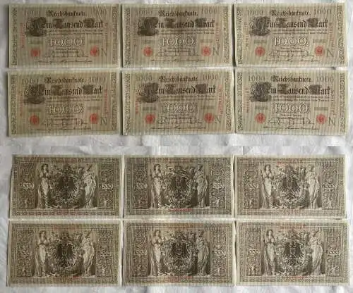 6 x 1000 Reichsmark Banknoten 21.4.1910 Ro.45 c fast UNC (156565)