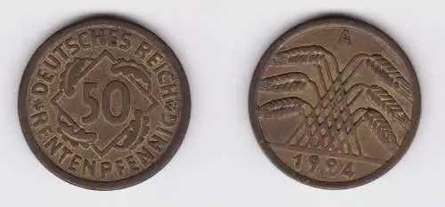 50 Rentenpfennig Messing Münze Weimarer Republik 1924 A Jäger 310 (156530)