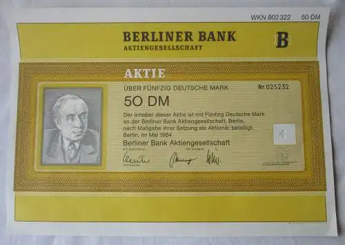 50 DM Mark Aktie Berliner Bank AG Berlin Mai 1984 (104295)