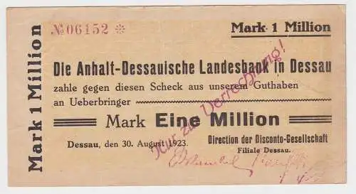 1 Million Mark Banknote Inflation Landesbank Dessau 30.8.1923 (153699)