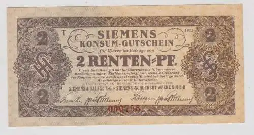 2 Rentenpfennig Banknote Siemens & Halske A.G. Konsum Gutschein 1923 (153188)
