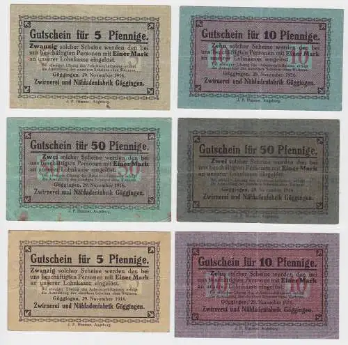 6 Banknoten Notgeld Zwirnerei und Nähfadenfabrik Göggingen 1916 (132926)