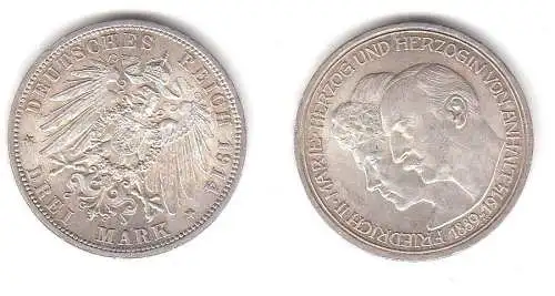 3 Mark Silbermünze Anhalt Silberhochzeit 1914 Jäger 24  (111545)