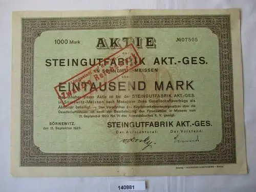 1000 Mark Aktie Steingutfabrik AG Sörnewitz 15. September 1923 (140881)