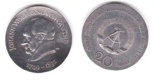 DDR Gedenk Münze 20 Mark Johann Wolfgang von Goethe 1969 Silber (115670)