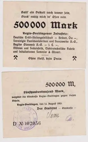 500000 Mark Banknote Regis Breitingener Industrie 16.8.1923 (120737)