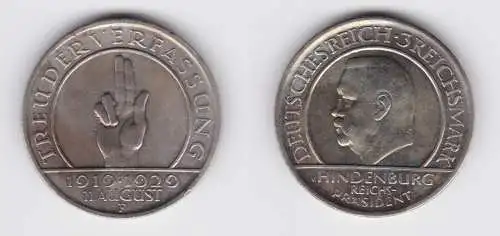 Silber Münze 3 Mark Verfassung "Schwurhand" 1929 F vz (156229)