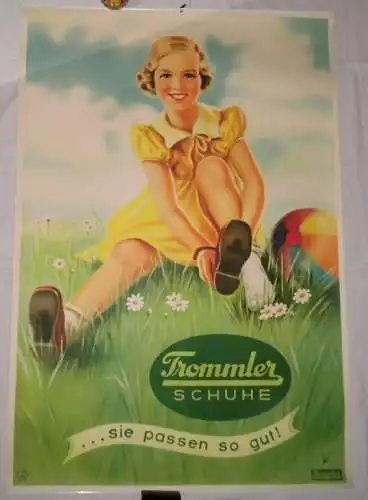 Reklame Blechleistenplakat Trommler-Schuhe...Sie passen so gut, um 1940 (120663)