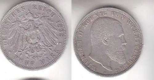 5 Mark Silbermünze Württemberg König Wilhelm II 1898 Jäger 176  (112037)