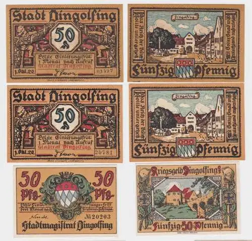 3x 50 Pfennig Banknoten Notgeld Stadt Dingolfing 1918/20 (123322)