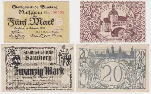 5 und 20 Mark Banknoten Notgeld Stadt Bamberg 1918 (125518)
