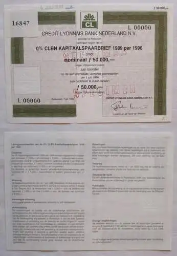50.000 Gulden Aktie Kredit Lyonnais Bank Niederlande Rotterdam 1989 (139872)