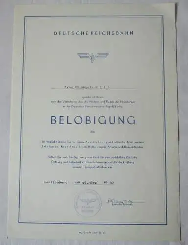 DDR Urkunde Belobigung Deutsche Reichsbahn Bahnhof Senftenberg 1987 (135828)