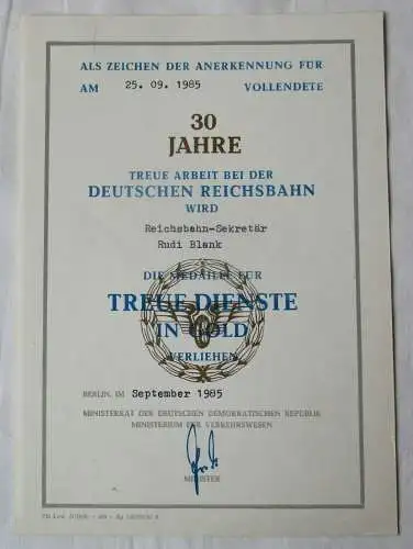 DDR Urkunde 30 Jahre Treue Dienste Gold Deutsche Reichsbahn Berlin 1985 (134494)