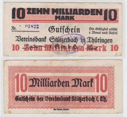 10 Miiliarden Mark Banknote Inflation Vereinsbank Stützerbach 1923 (144375)
