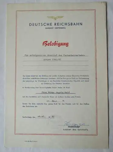 DDR Urkunde Belobigung Deutsche Reichsbahn Bahnhof Senftenberg 1982 (135866)