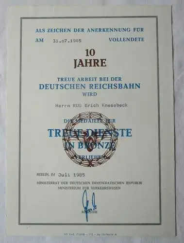 DDR Urkunde 10 Jahre Treue Dienste Bronze Deutsche Reichsbahn Berlin (137883)