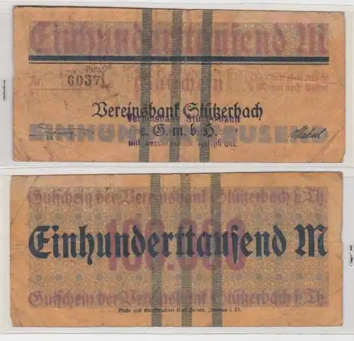 100000 Mark Banknote Inflation Vereinsbank Stützerbach 1923 (144378)