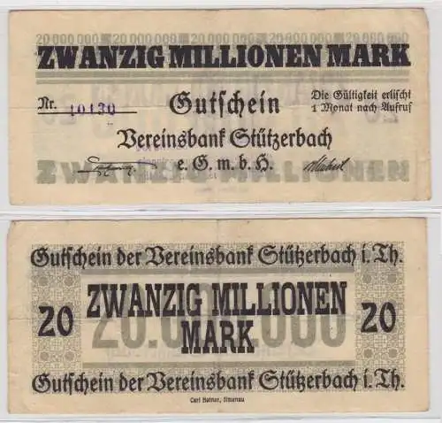 20 Millionen Mark Banknote Inflation Vereinsbank Stützerbach 1923 (142983)