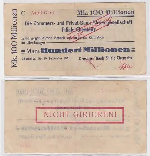 100 Millionen Mark Banknote Chemnitz Commerz & Privat Bank 19.09.1923 (121617)