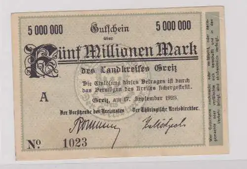 5 Millionen Mark Banknote Inflation Landkreis Greiz 17.9.1923 (125923)