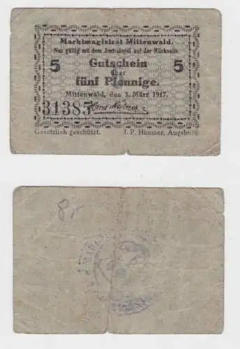 5 Pfennig Banknote Notgeld Marktmagistrat Mittenwald 3. März 1917 (135736)