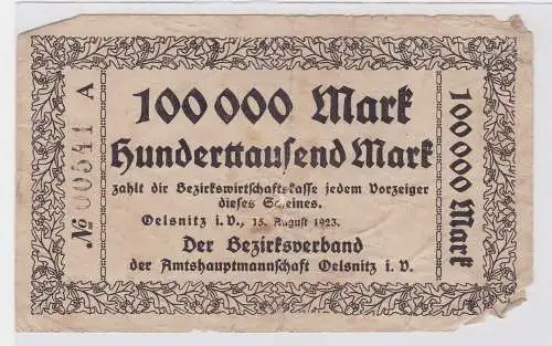 100000 Mark Banknote Amtshauptmannschaft Oelsnitz Vgtl. 15.8.1923 (122600)