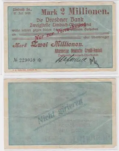 2 Millionen Mark Banknote Dresdner Bank Limbach 27.7.1923 (121554)