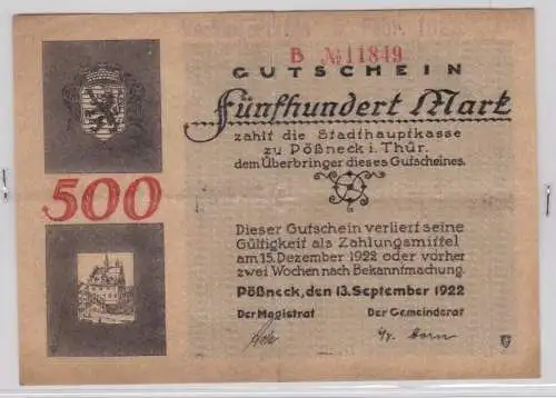 500 Mark Banknote Stadthauptkasse Pössneck 13.09.1923 (139526)