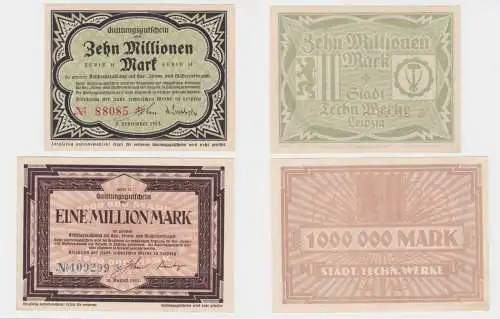 1 + 10 Mio. Mark Banknoten städtische technische Werke Leipzig 1923 (136729)