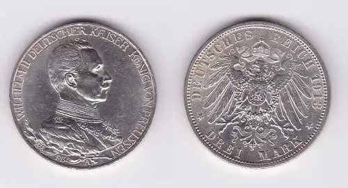 3 Mark Silbermünze Preussen Kaiser Wilhelm II in Uniform 1913 Jäger 112 (122148)
