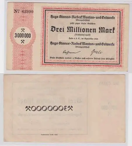 3 Millionen Mark Banknote Halle Hugo Stinnes Riebeck Montan 1923 (124569)