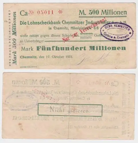 500 Millionen Mark Banknote Lohnscheckbank Chemnitz 17.10.1923 (121911)