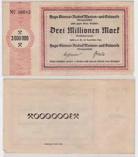 3 Millionen Mark Banknote Halle Hugo Stinnes Riebeck Montan 1923 (124709)