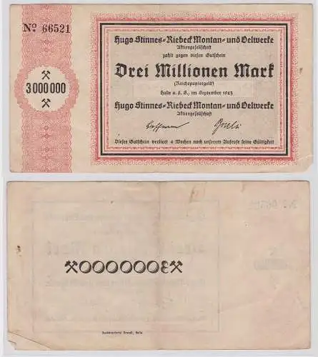 3 Millionen Mark Banknote Halle Hugo Stinnes Riebeck Montan 1923 (124510)