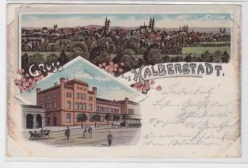 91298 Ak Lithographie Gruß aus Halberstadt Bahnhof 1898