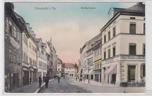 93114 AK Pössneck in Thüringen - Breitestrasse mit Geschäft Otto Mahrenholz 1910