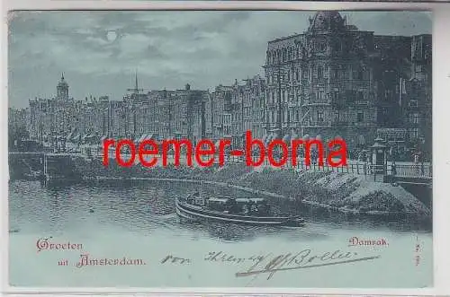 48879 Mondscheinkarte Groeten uit Amsterdam Damrak 1898