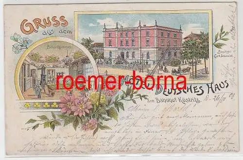 77352 Ak Lithografie Gruss aus dem Hotel Deutsches Haus am Bahnhof Köstritz 1903